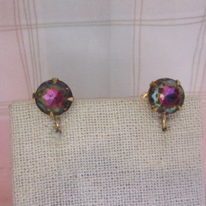 Vintage Watermelon Rhinestone Gold Screw Back Earrings